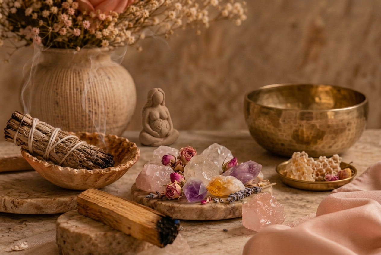 Rose quartz and amethyst crystals beside a brass meditation singing bowl, dried flowers and a small clay figurine in warm daylight