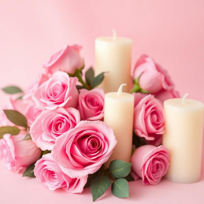 Soft pink roses and a lit candle in an arch frame