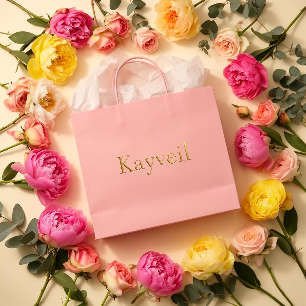 Fresh flowers with a pink Kayveil shopping bag