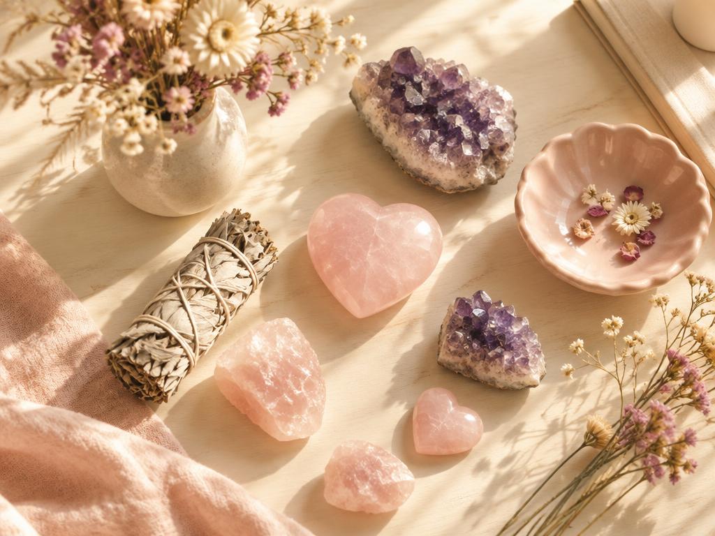Rose quartz, amethyst crystals, dried sage and flowers in a warm sunlit wellness scene